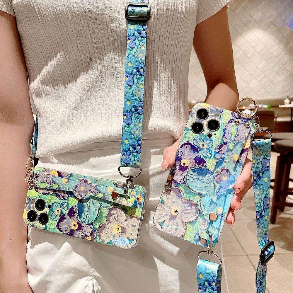 Purple Oil Painting Flower Wristband Holder with Lanyard iPhone Case - Most iPhone Case